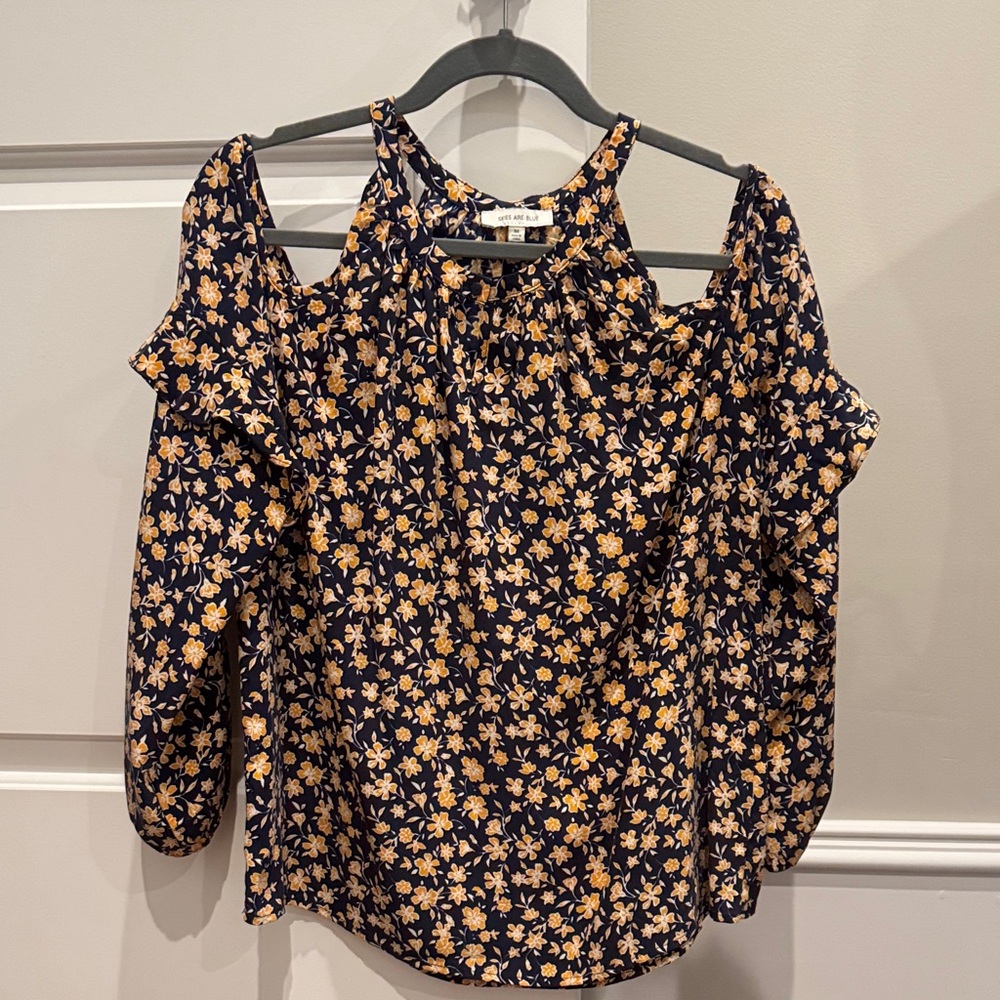 Skies Are Blue Navy and Yellow Floral Blouse